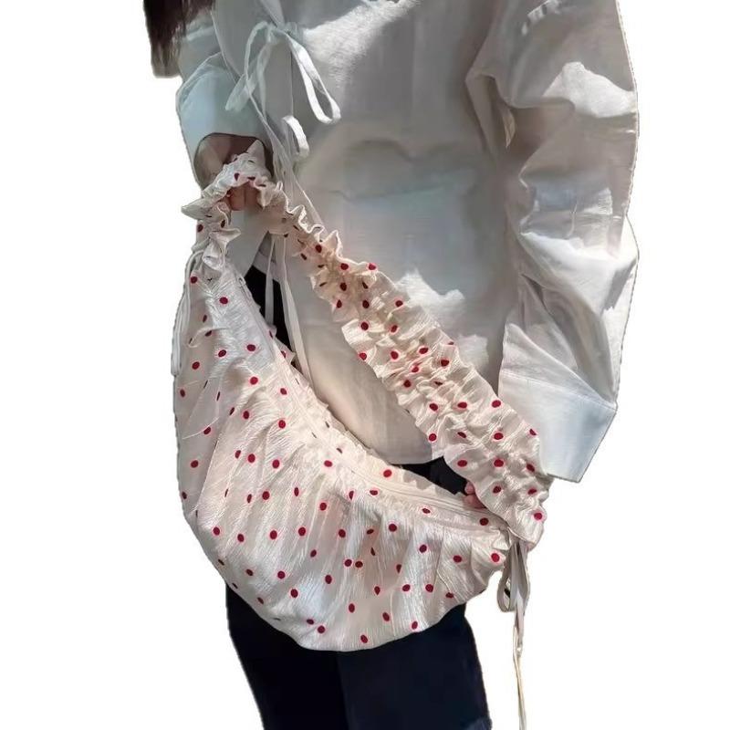 Pleated Lace Polka Dot Dumpling Bag, Drawstring Zipper Crossbody Bag, Commuter Tote Bag Casually