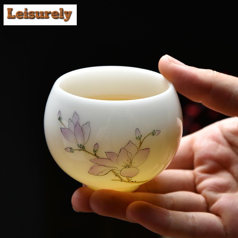 120 ml Teetasse aus Eissamen-Schafsfett-Jade-Porzellan, handbemalte Blumen-Meistertasse, Zen-Meditations-Presstasse, Chazhan-Kung-Fu-Teeservice