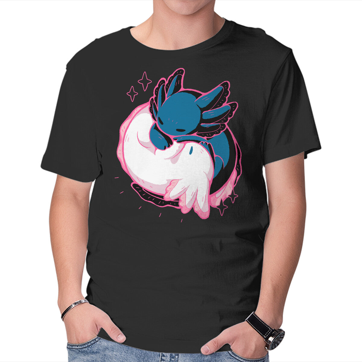 Unisex Crew Neck T-Shirt Axolotl Yin Yang Graphic Short Sleeve Casual Tee XXXL