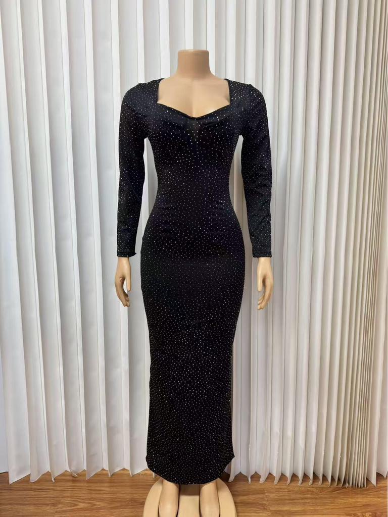 Rochie de seară M10268 Europeană de Lux cu Mânecă Lungă, Croială Slim Fit, cu Detaliu Strasuri Fierbinți