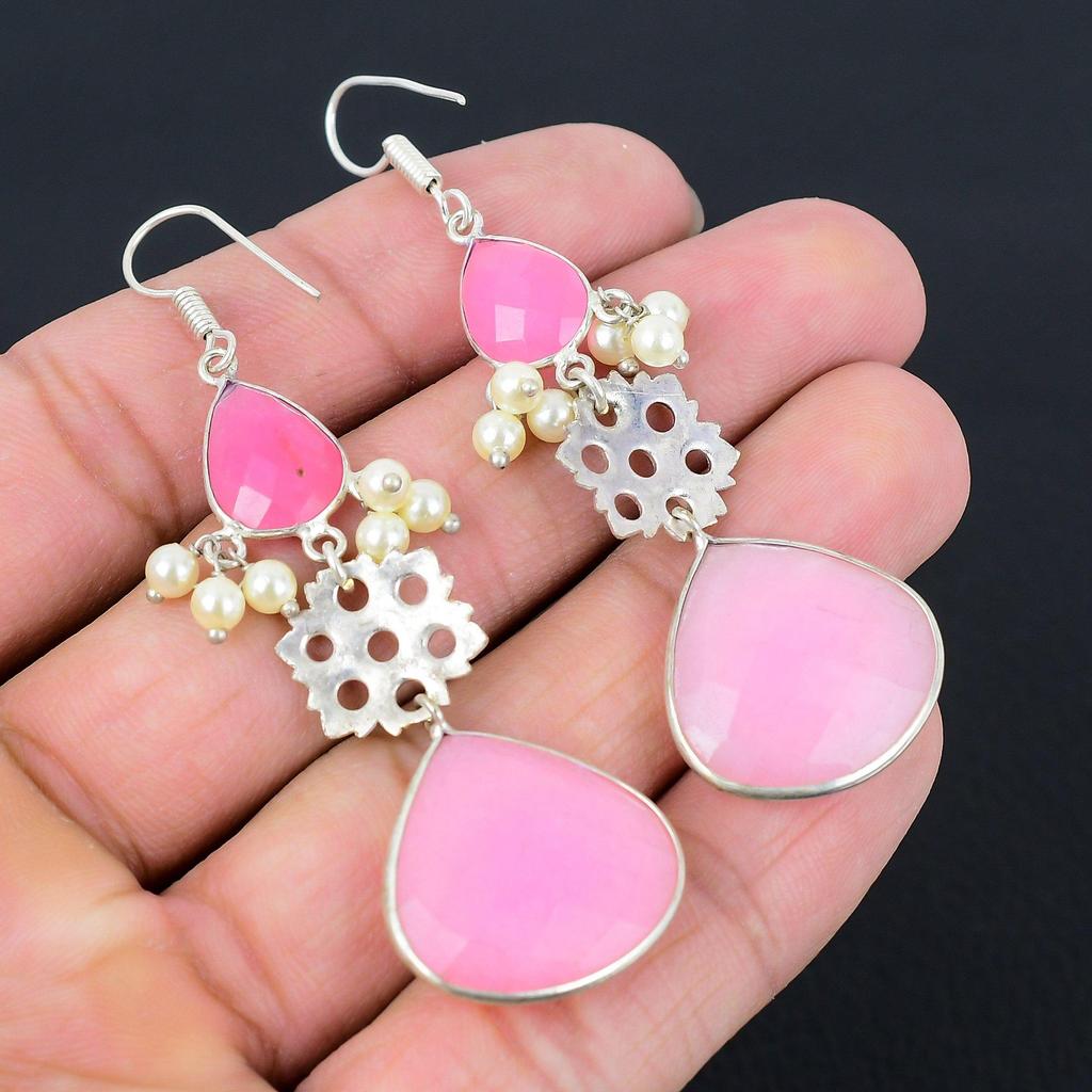 Natürliche Rosa Chalcedon Edelstein Tropfen/Hängeohrringe 925 Silber Für Damen