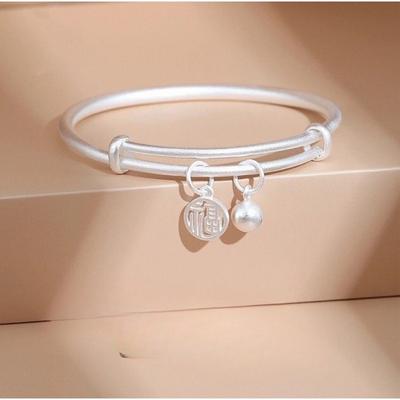 Zuyin 999.9 Gufa Fu Brand Bell Big Children's Bracelet Male and Female Push-pull Bracelet Elementary School Student Ancient Style Silver Jewelry Gift