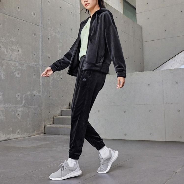 Adidas Solid Color Logo Elastic Waistband Tapered Knit Sports Pants Women Bottoms Black IV7567