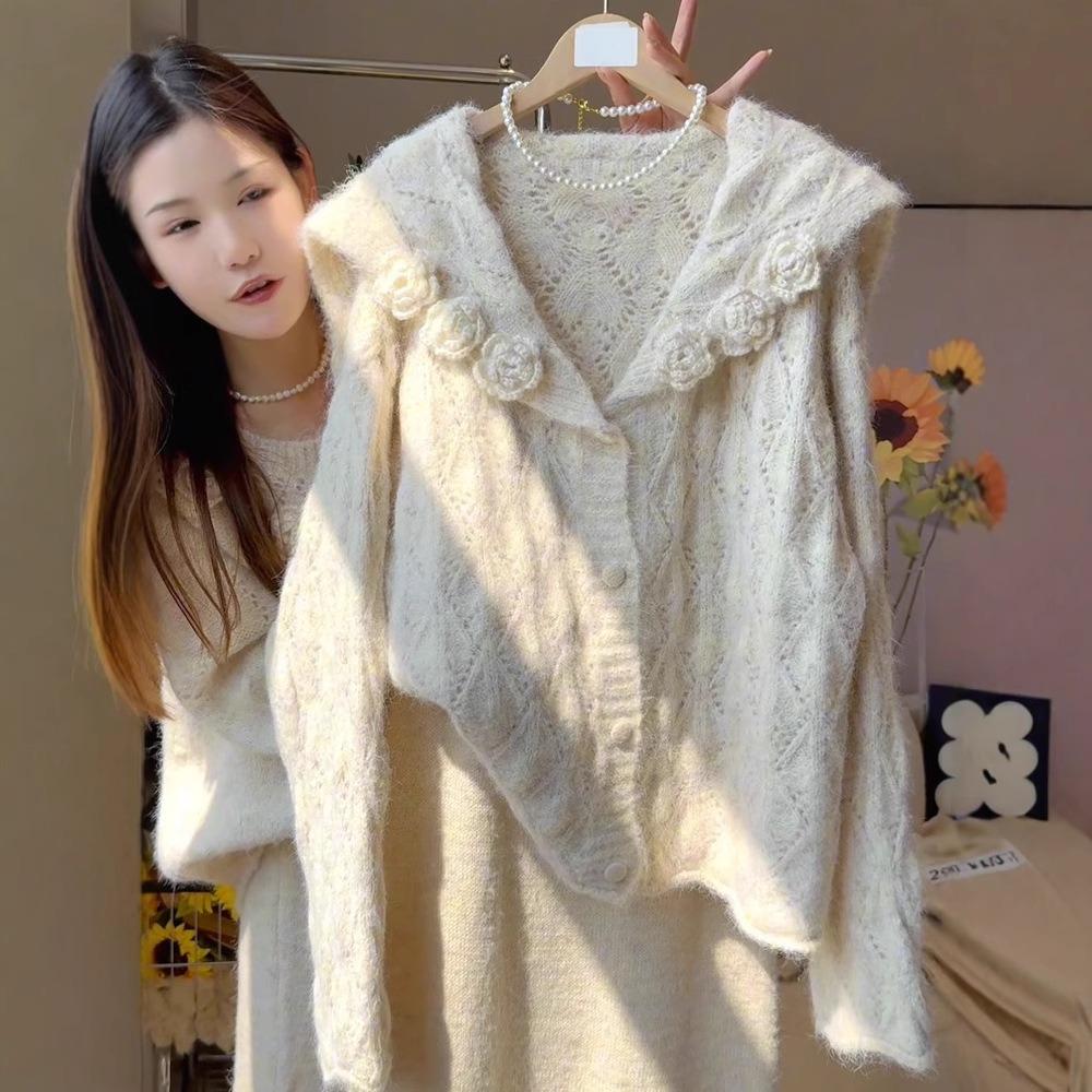 Gentle Wind Hollow Three-dimensional Flower Knitted Cardigan Sweater Women's Loose Lazy Chic Good-looking Navy Collar Jacket