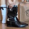 New Round Toe Square Heel Sexy Elegant Mid-calf Boots Fashionable Pin Buckle Decoration Solid Color Simple Casual Women's Shoes