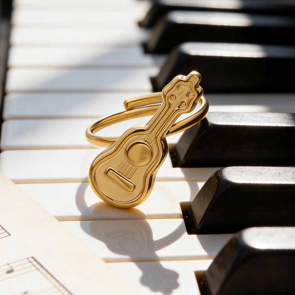 18K Gold-Plated Stainless Steel Guitar Open Ring - Trendy College Style Accessory with Niche Design.
