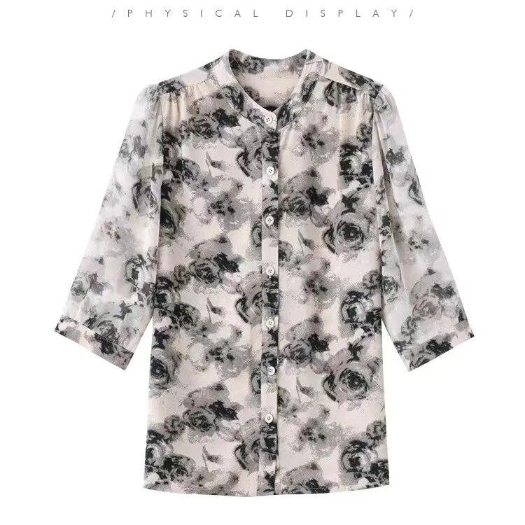 Modisches Chiffon-Hemd mit drei Viertelärmeln für Damen, Sommer, neue, locker sitzende Bluse mit Blumenmuster, M-4XL