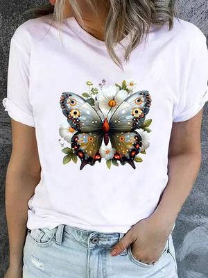 (Asiatische Größe) Rundhals-T-Shirt Kleidung Schmetterling niedlich lieblich Top Kurzarm T-Shirt Lässig Mode Druck Dame Weiblich Frauen Grafik-T-Shirts
