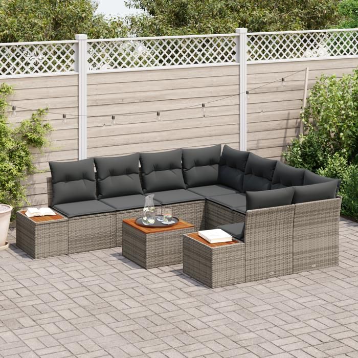 VidaXL Ensemble de canapé de jardin 9 pièces avec coussins en poly rotin gris et acacia 3348055