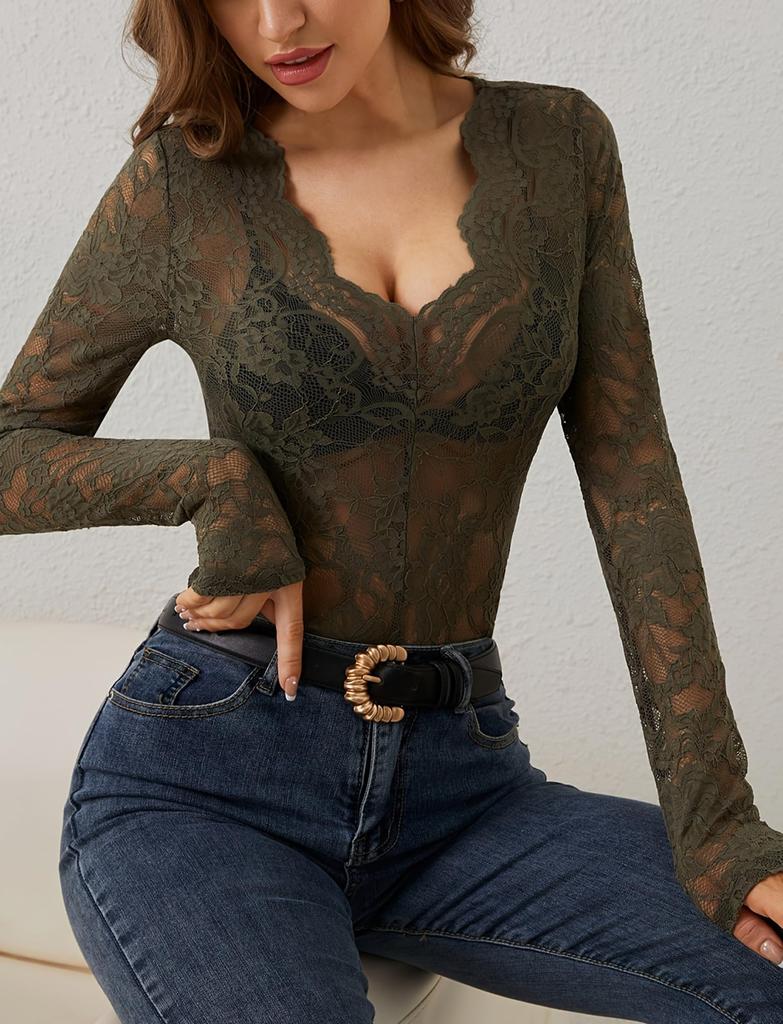SEAUR Long Sleeve Lace Sheer Layered Look Green 5 Women's See-Through Blouse, Top, Blouse,
