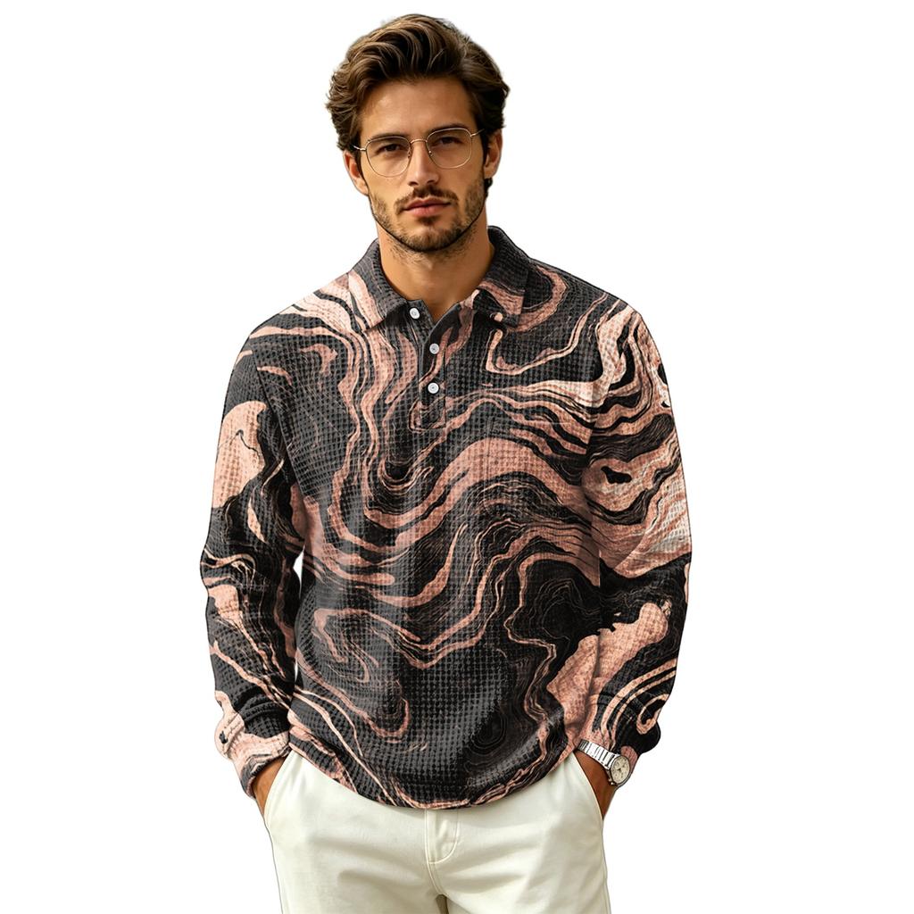 Men's Pullover Long Sleeve Top with Collar and Pocket, Fall Outdoor Casual Printed Shirt