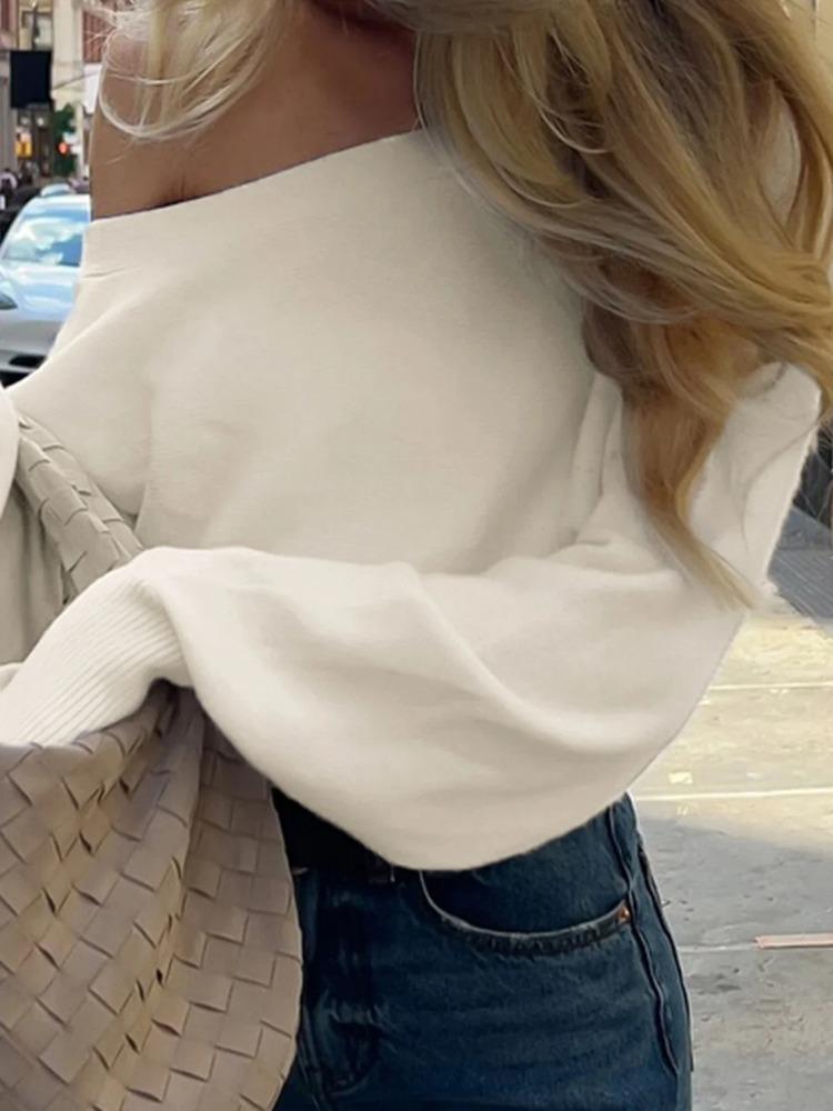 Francouzský Elegantní Jednobarevný Svetr Bez Ramínek Volný Šikmý Výstřih Dlouhý Rukáv Pletené Pulovry Dámské Podzim Zima Móda Ležérní Dámský