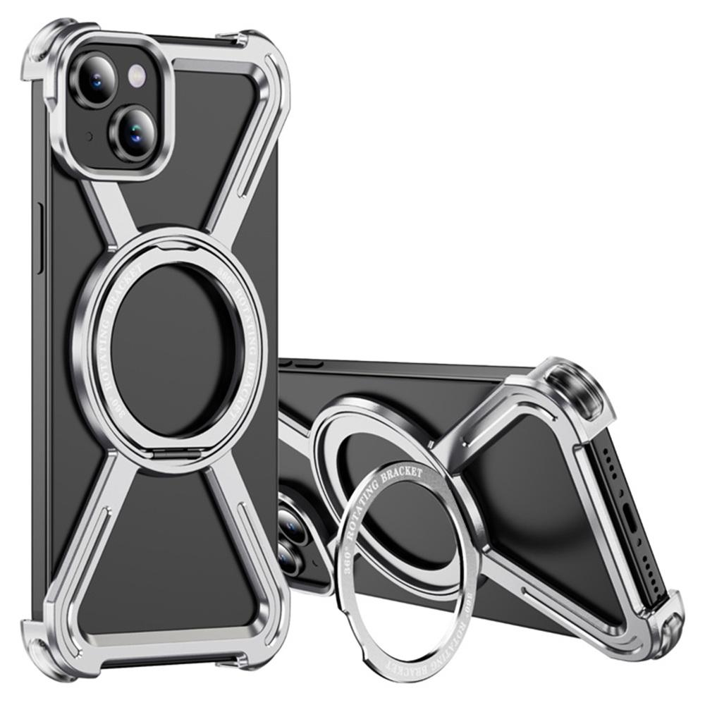

For iPhone 15 Magnetic Case Rotating Kickstand Metal Bumper Phone Cover Silver
