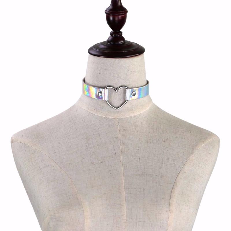 Collana in pelle poliuretanica per donna Choker olografico cuore metallo laser sciarpa gioielli moda