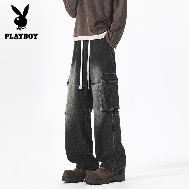 PLAYBOY Men's Loose Straight Leg Multi-Pocket Cargo Denim Pants