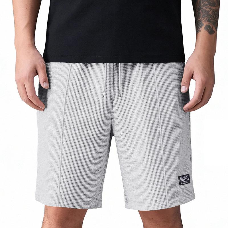 Herren Waffelstrick Kordelzug Taille Freizeitshorts Kleines Etikett Einfarbig Sport Shorts