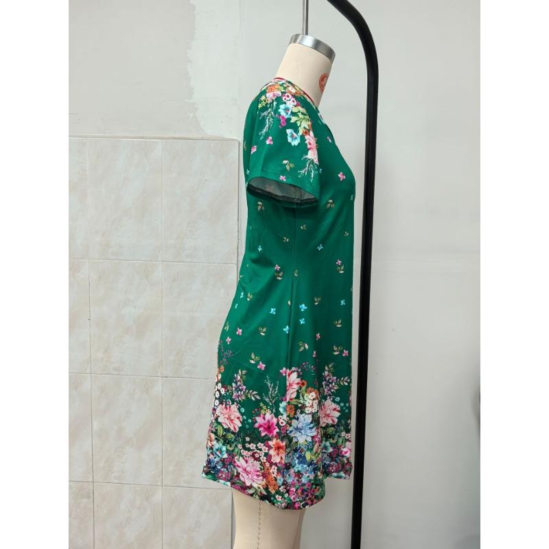 Women Floral Print V Neck Short Sleeve High Waist Fitted Bodycon Midi Dress