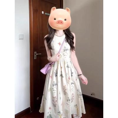 Early Spring Floral Plant Print Vest Dress Women's Gentle Wind Temperament Thin Holiday Dress