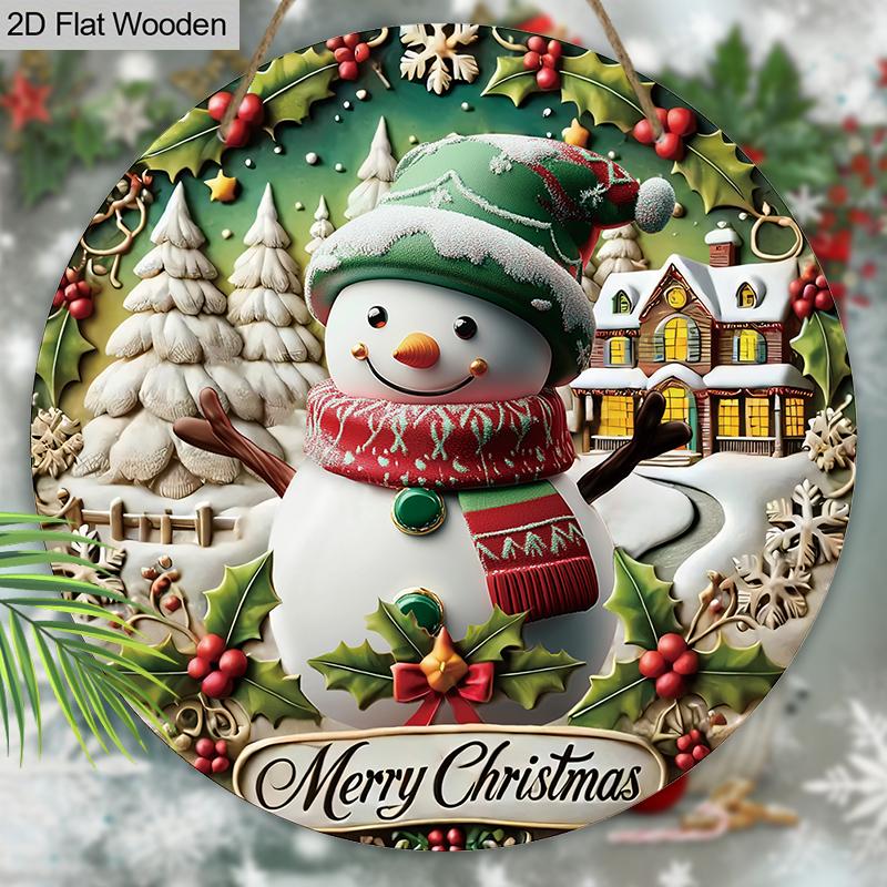 Weihnachts-Holzschild mit entzückendem Schneemannmuster - Frohe Weihnachten Rundes Schild für Haustür, Wandbehang-Dekor - Ideale Weihnachtsdekoration