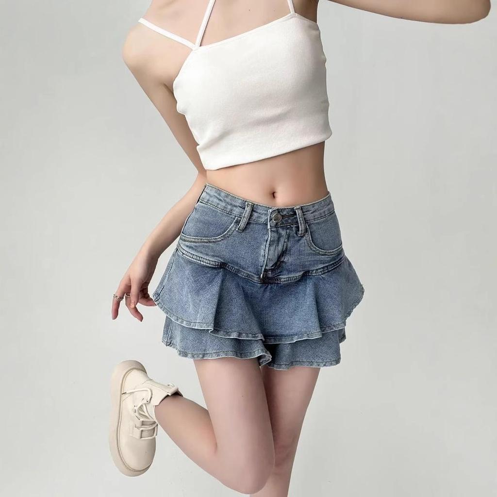 Women's High Waist Ruffle Denim Mini Skirt - Summer A-line Bodycon Fishtail