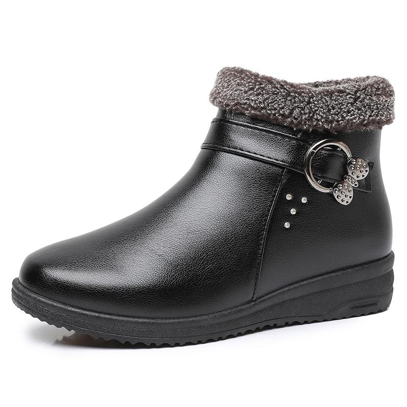 Warm in the elderly cotton shoes women's winter mother shoes fleece non-slip flat sole soft sole comfortable grandma leather shoes lightweight
