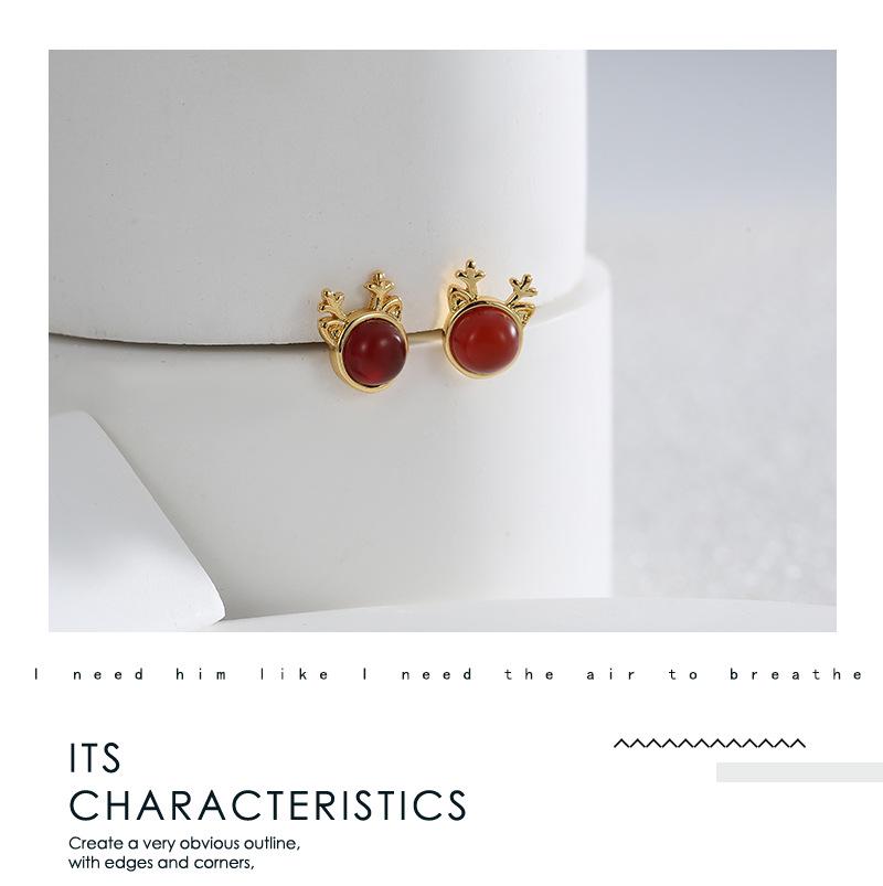 Red Agate Reindeer Stud Earrings - Elegant European & American Christmas Style for Women