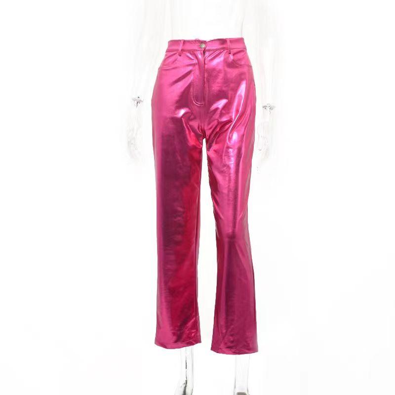 

Fashion Style New Arrival Pu Tight Stretch Pants Pure Color Slim-Fitting Straight Pants Pu Straight Leg Pants Rose Red S