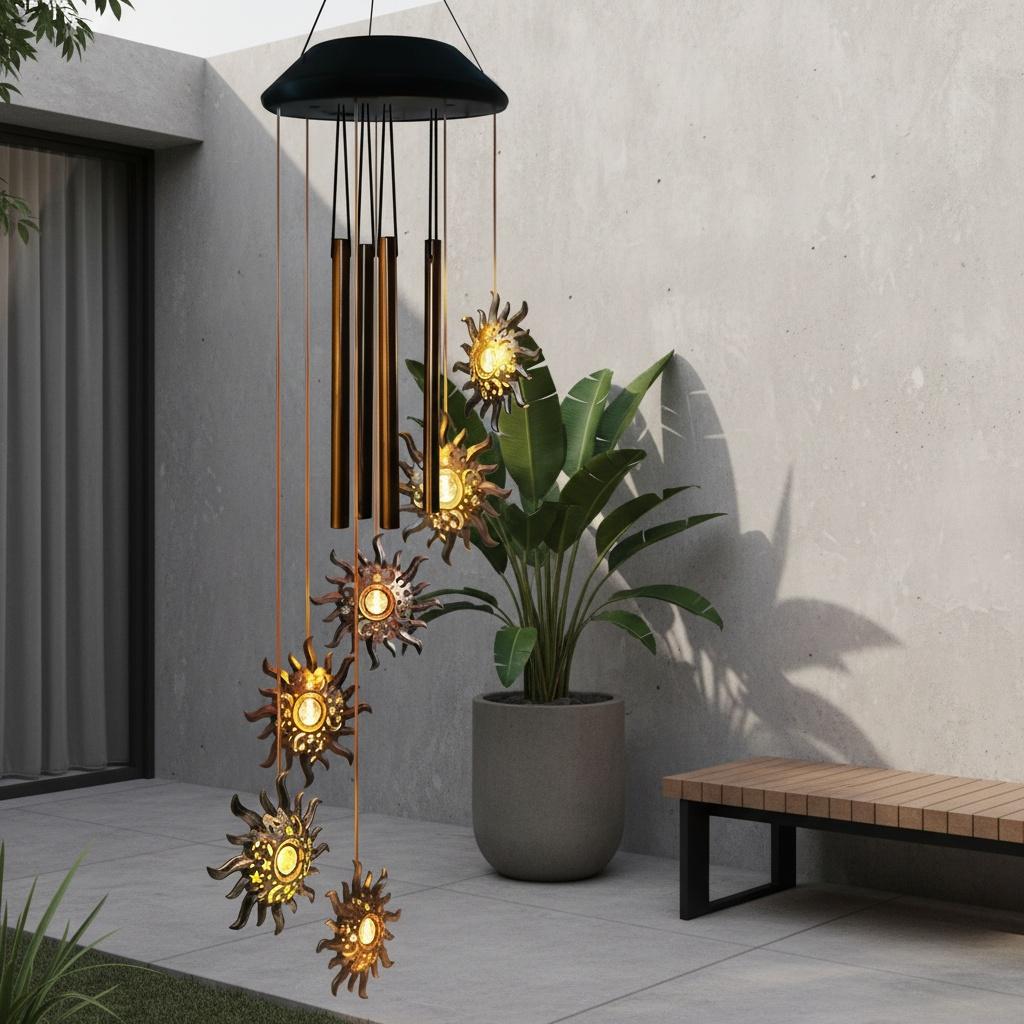 Solar-Windspiel mit Sonne, Mond und Sternen-Design 6 Stück LED Außen-Hängeleuchten für Hof und Garten, Solarbetriebene Windspiele,