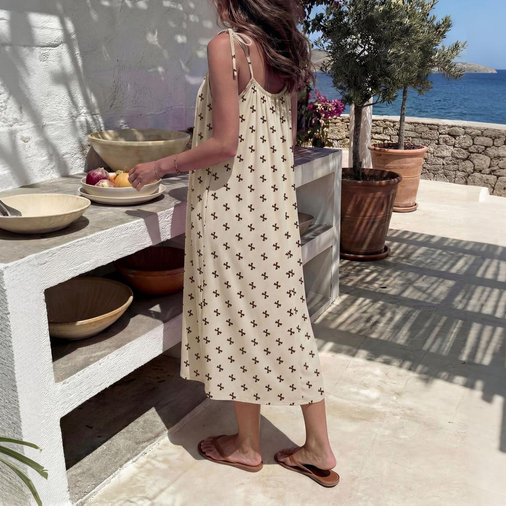 Women Sleeveless Backless Dress with Adjustable Thin Straps Casual Loose Fit Midi Dress with Bow Tie and Heart Print Summer Dress