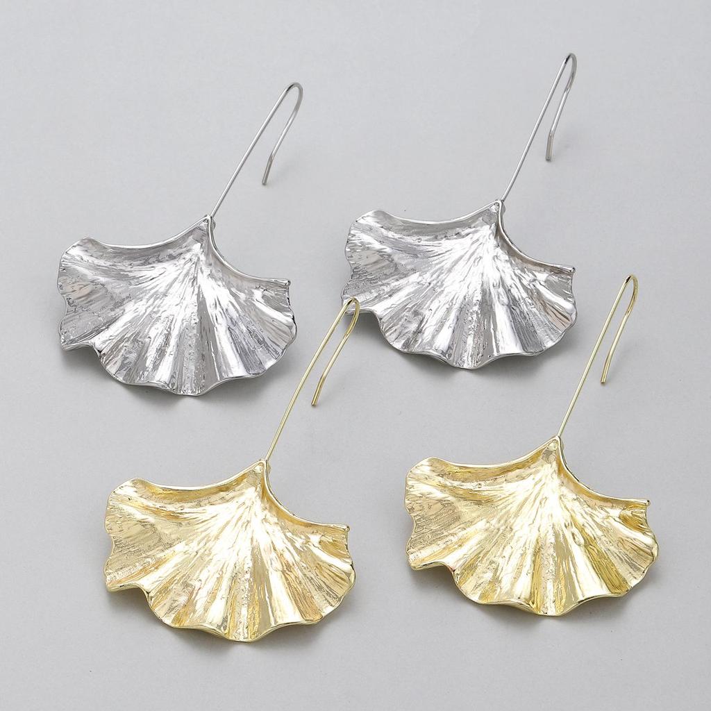 Ginkgo Leaf Textured Earrings with Ear Hooks - Bold and Fashionable for Women