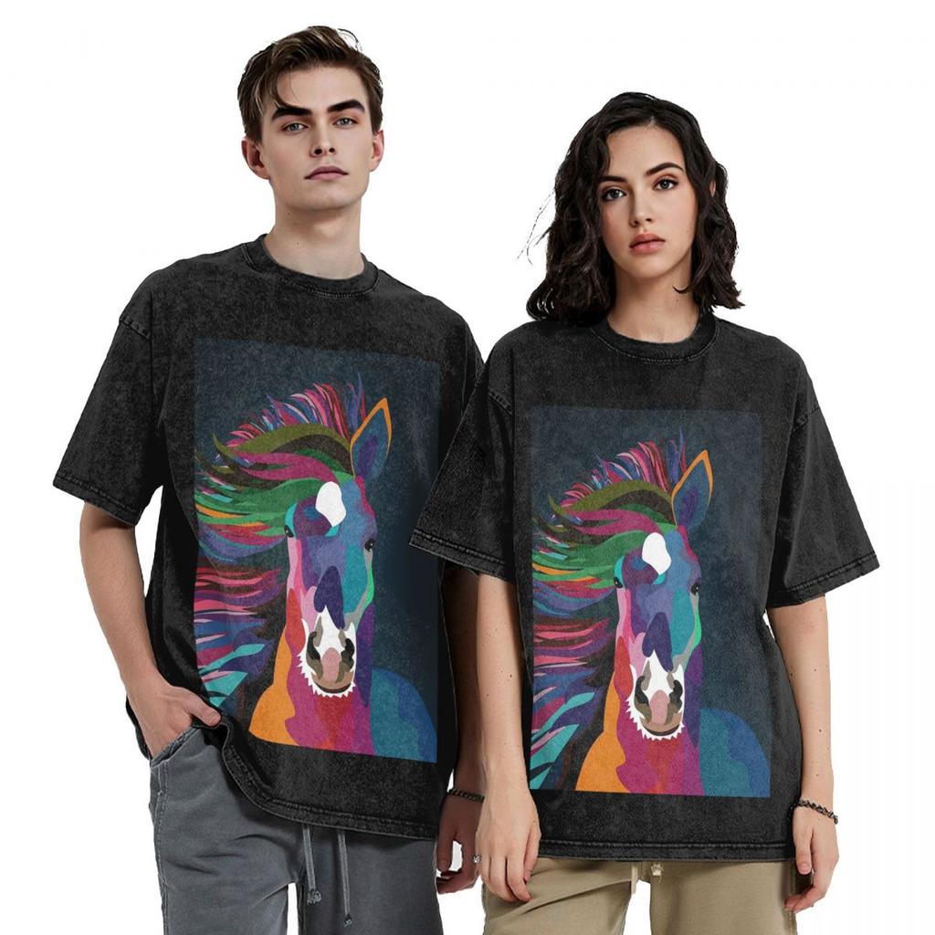 Horse Running Hip Hop Short Sleeve T-Shirts Washed Tops Tees Streetwear T Shirt Harajuku for Men Women
