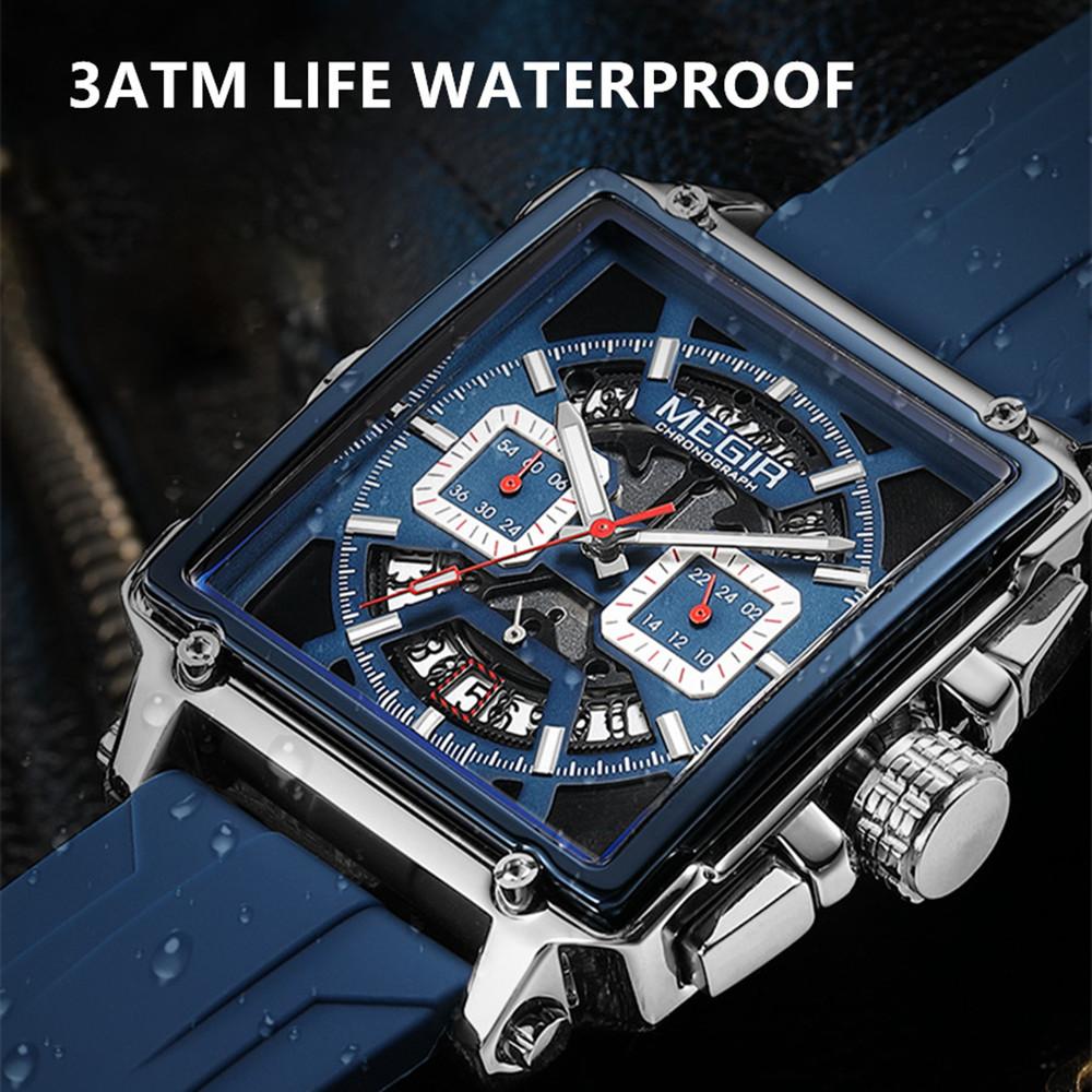 MEGIR Men's Square Chronograph Watch 3ATM Waterproof Quartz Sport Wristwatch for Men with Date & Stopwatch Relogio Masculino