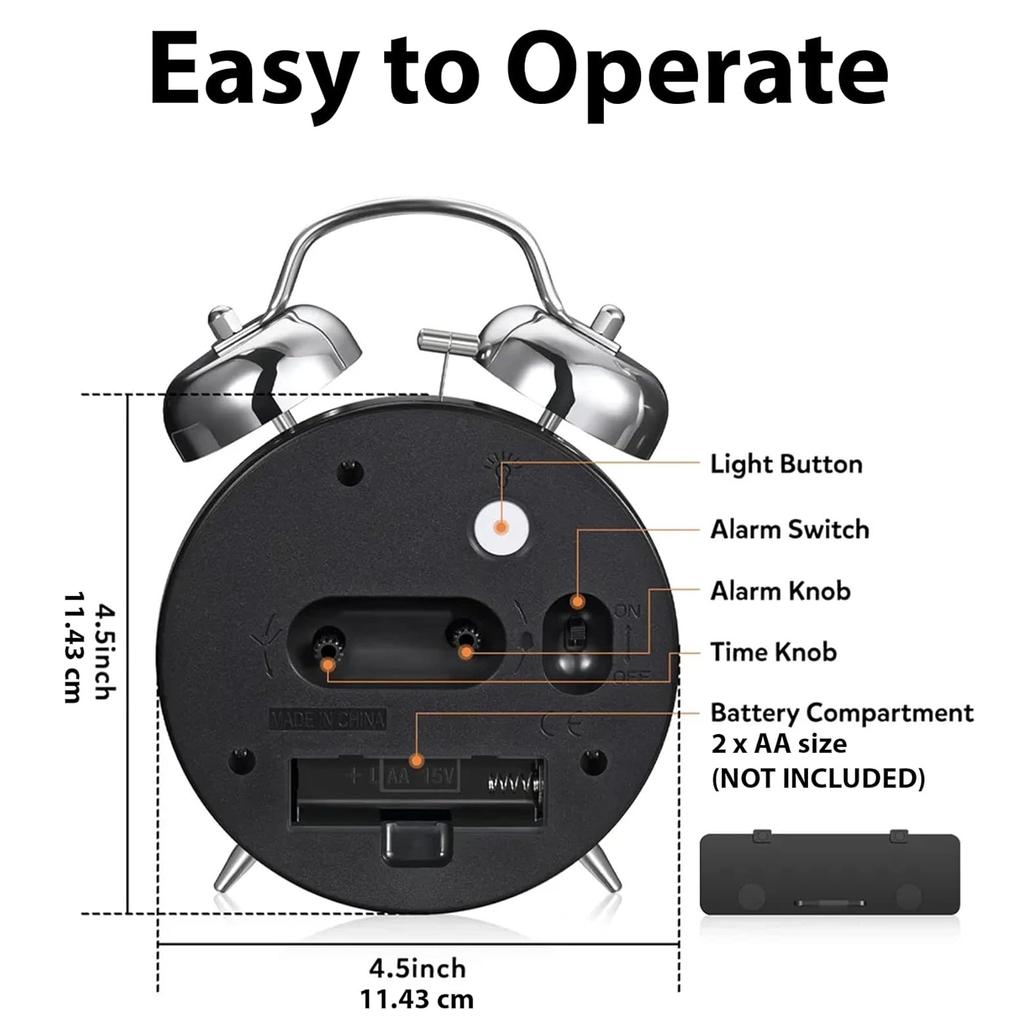 4-Zoll-Wecker aus Metall, leise, nicht tickend, Nachttischwecker, Vintage-Tischuhr mit Doppelglocke für Tiefschläfer, Kinder