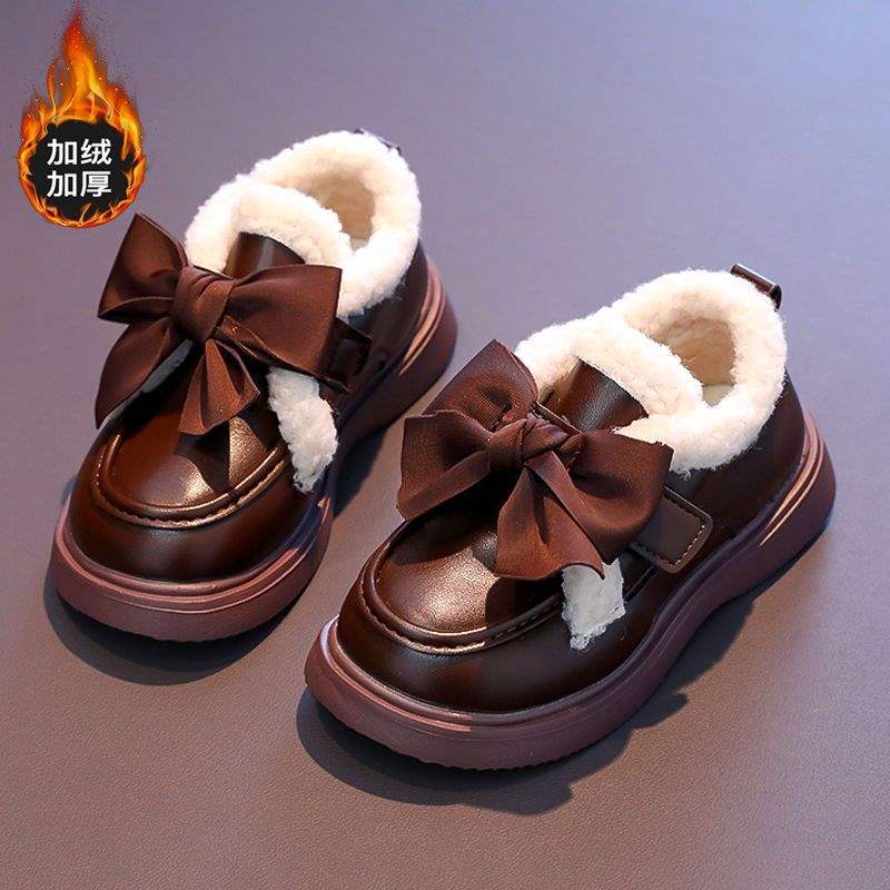 Girls cotton shoes leather shoes 2025 winter new girls velvet warm princess shoes children soft-soled beanie shoes