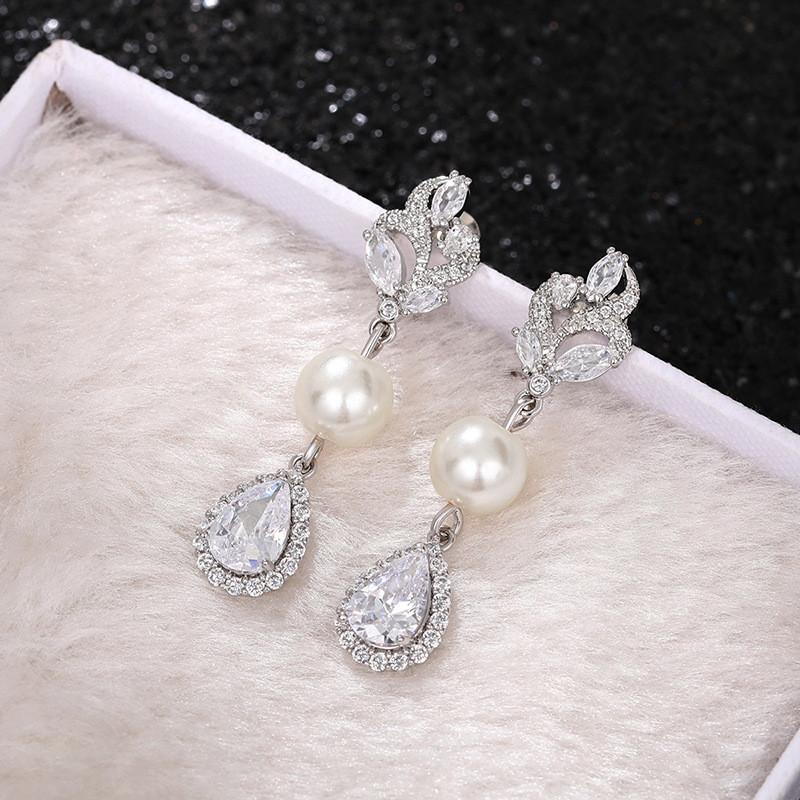 925 Sterling Silver Elegant Women Wedding Earrings Cubic Zircon Pearl Long Hanging Earrings New Fashion Jewelry Gifts