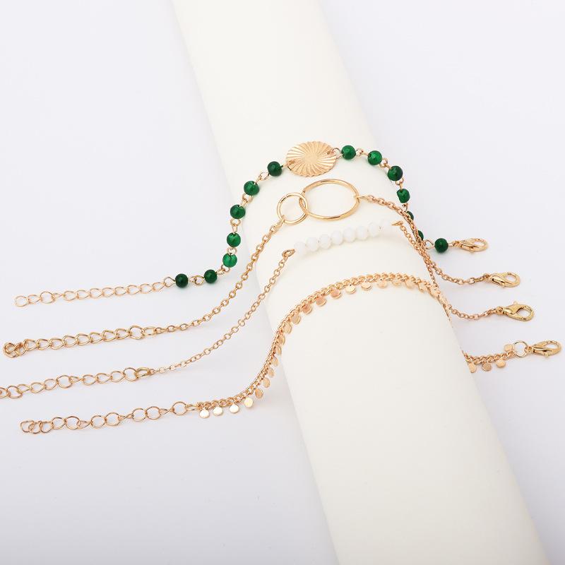 European and American fashion sequined fringed water wave texture bracelet handmade beaded white and green contrasting geometric 1-piece set bracelet