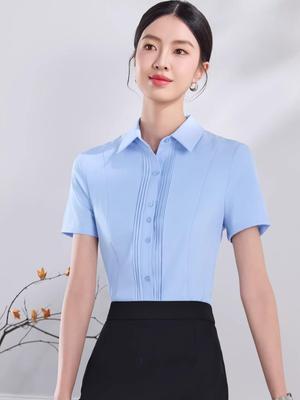 Women's Light Blue Short-Sleeved Professional Shirt - 2026 OL Style for Front Desk Managers.