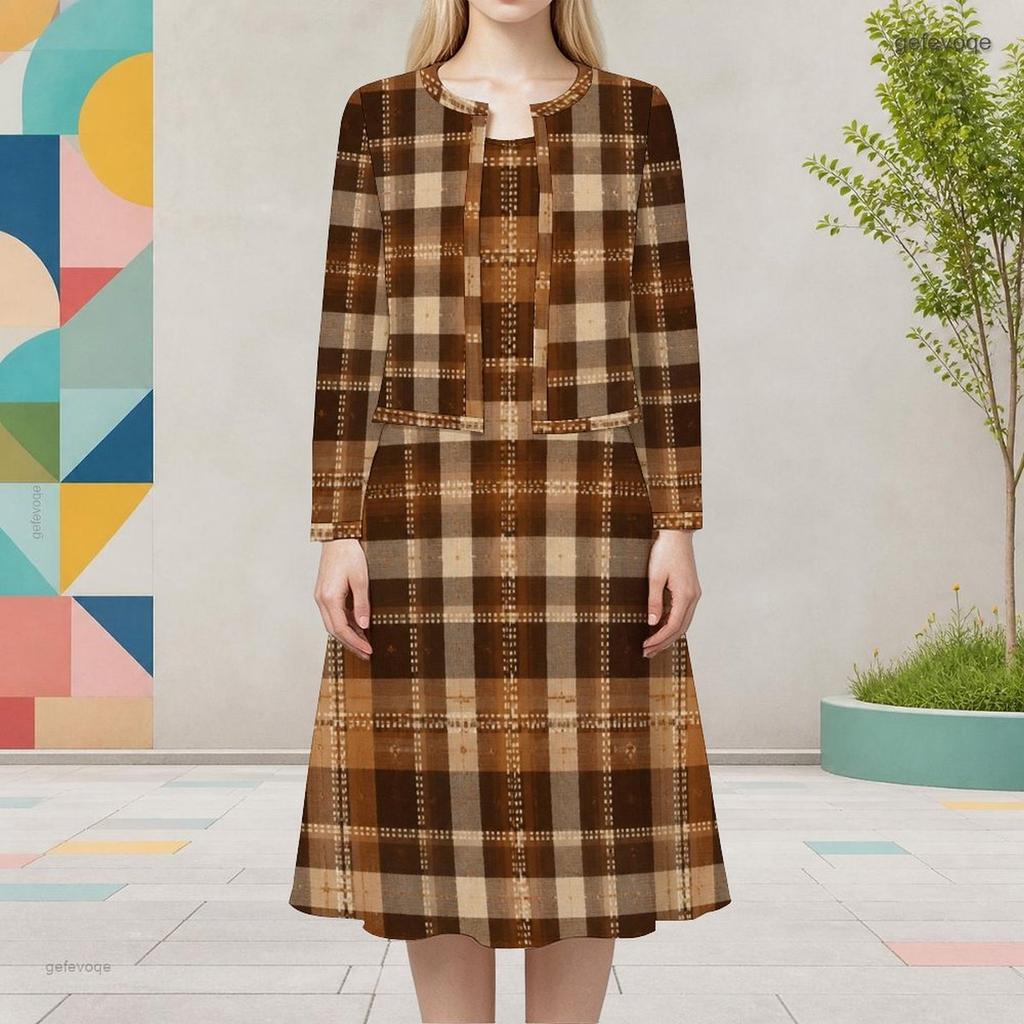 Women Plus Size Printed Two Piece Dress Set Round Neck Long Sleeve Cropped Cardigan Sleeveless Dress