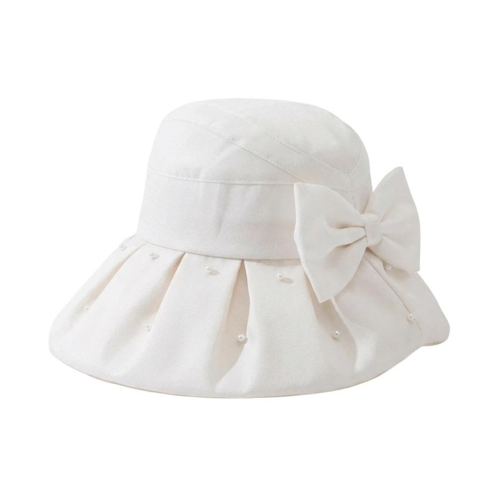 Windproof Women Pearl Bucket Hat Anti-UV Beach Cap Big Brim Sun Hat Summer Spring Autumn