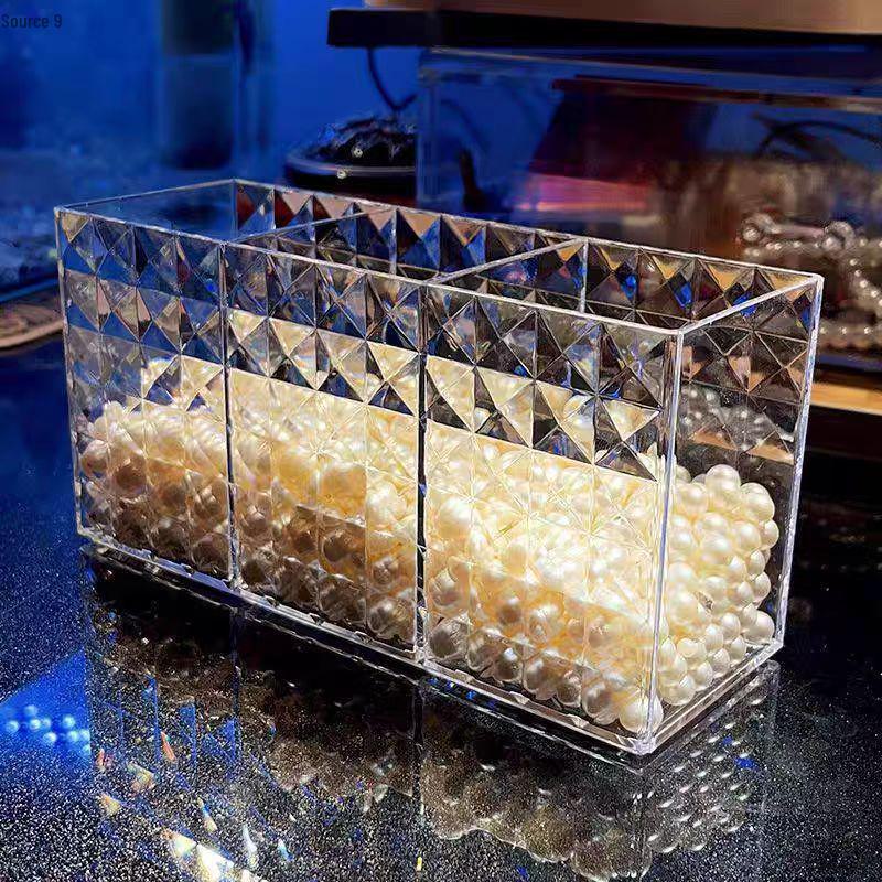 PS Material Transparent Three-Grid Cosmetic Storage Box with Diamond Pattern: Versatile Holder for Eyebrow Pencils and Desktop Pens.