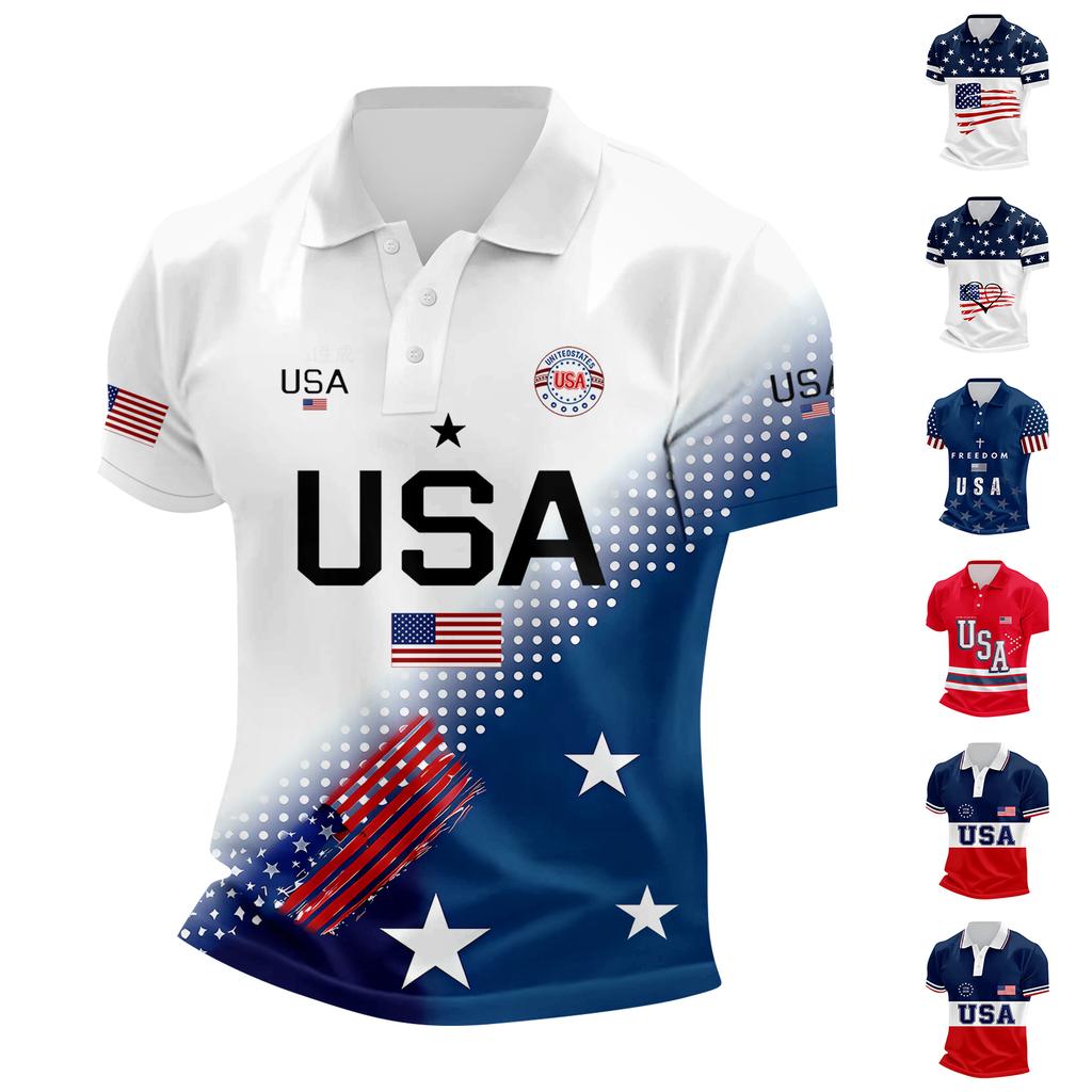 Men’s Short Sleeve Polo Shirt with USA Letter Print Flag Graphic and Striped Design Casual Fit