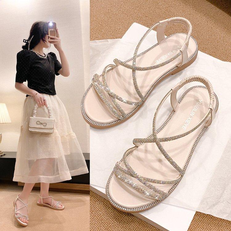 Rhinestone Flat Open-toed Sandals