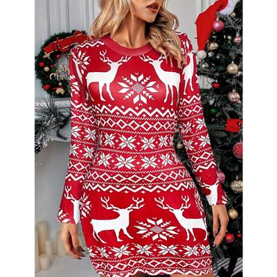 Christmas Deer Print Bodycon Dress, Casual Crew Neck Long Sleeve Mini Dress, Women's Clothing