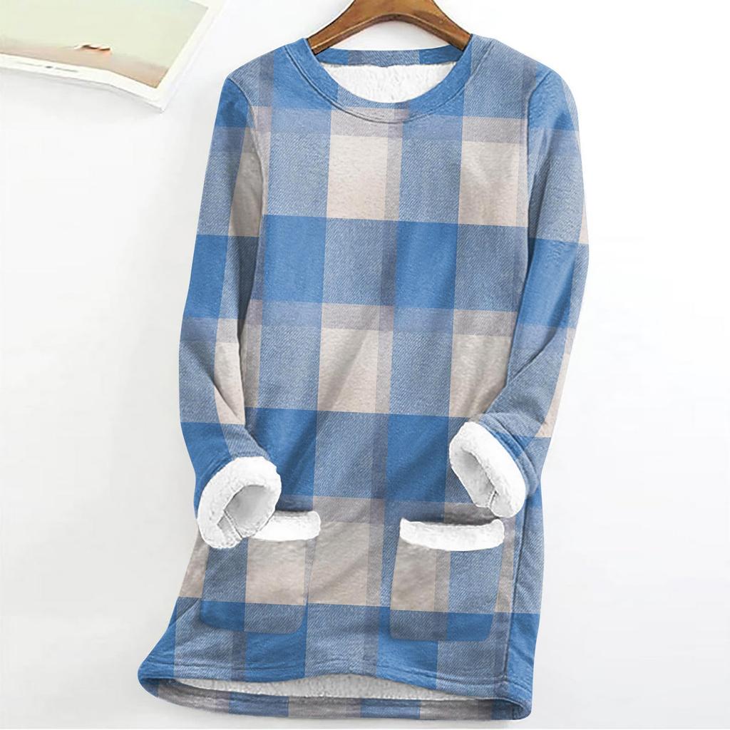 Dame Mote Rutete Trykk Rund Hals Langermet Plysj Vinter Varm Pullover Topp