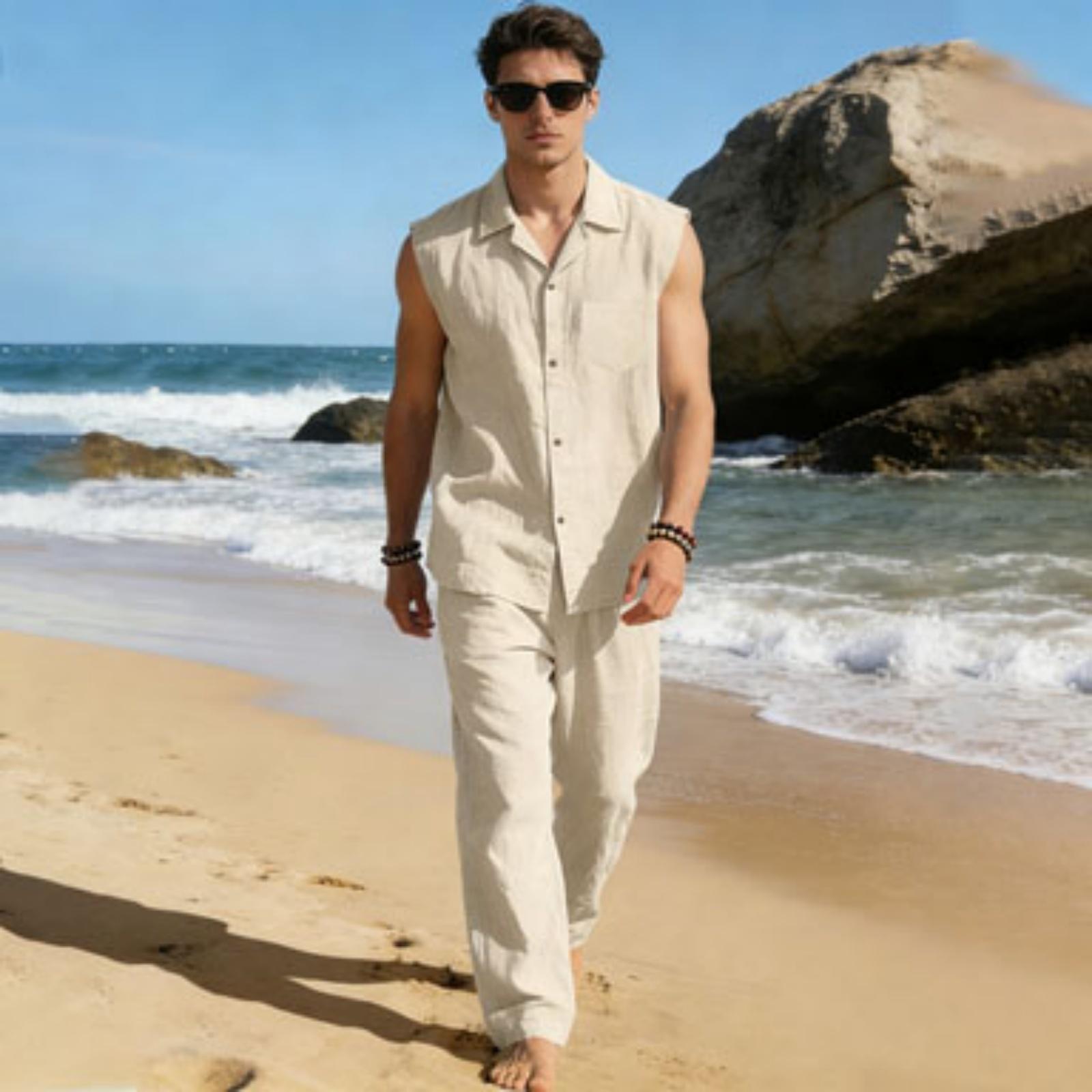 

Men s Sleeveless Shirt With Sports Collar Cotton Plain-colored Shirt And Trousers Set S хаки