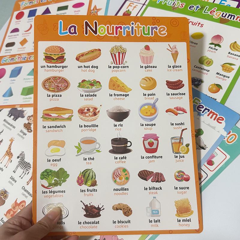 Early Education Posters: Animals, Food, Fruits, Vehicles & French Learning Cards for Kids