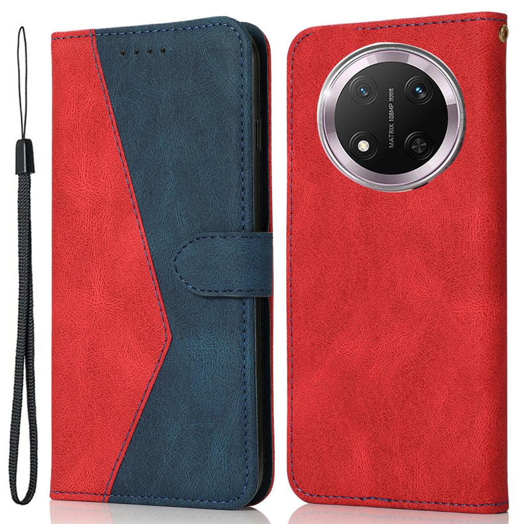 For Honor X9c 5G Case Color Splicing Wallet Stand Leather Phone Cover with Wrist Strap