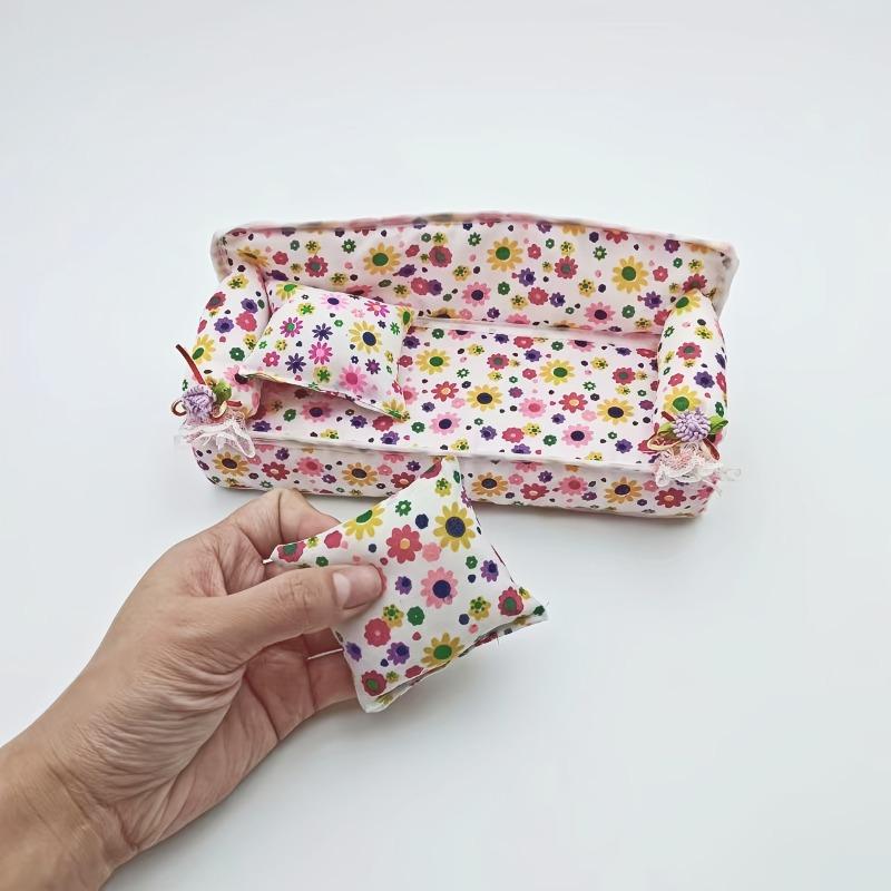 1 Set Doll Accessories Cute Dollhouse Furniture Flower Cloth Sofa Couch With 2 Cushions For Doll House Toys Gift