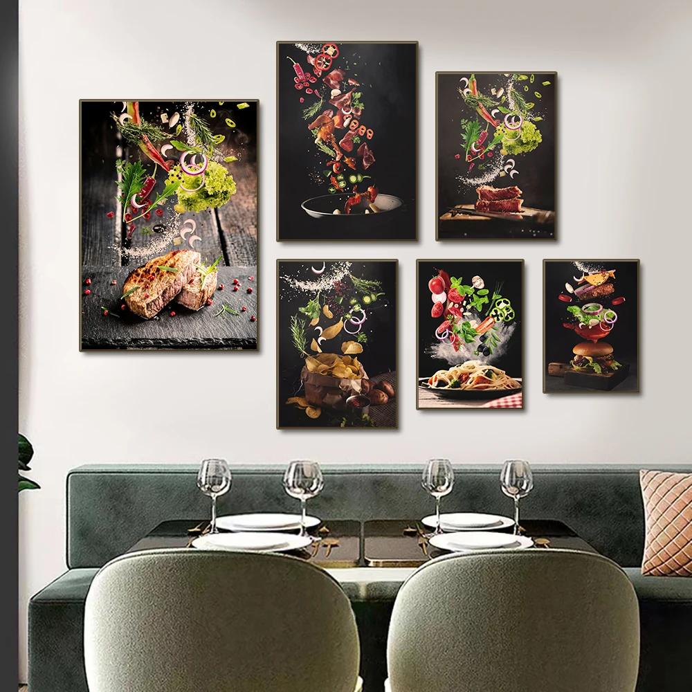 Köksposter Pizza Biff Sallad Hamburgare Burrito Bilder Restaurang Väggkonst Tryck Västkök Canvasmålning Ingen Ram