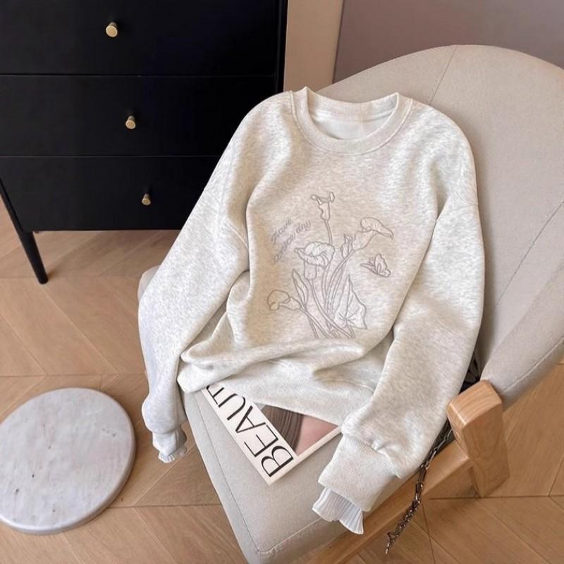 Womens 2026 Winter Loose Sweatshirt Floral Embroidery Lace Splice Casual Top